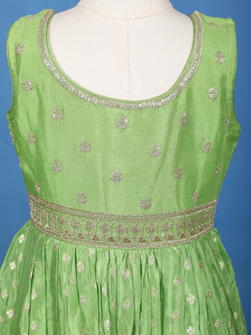 Green Floral Designed Sequins Work Banarasi Gown with Net Dupatta - Diadem