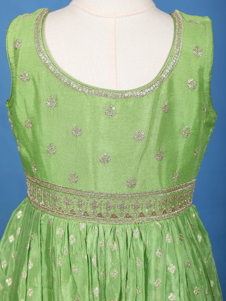 Green Floral Designed Sequins Work Banarasi Gown with Net Dupatta - Diadem