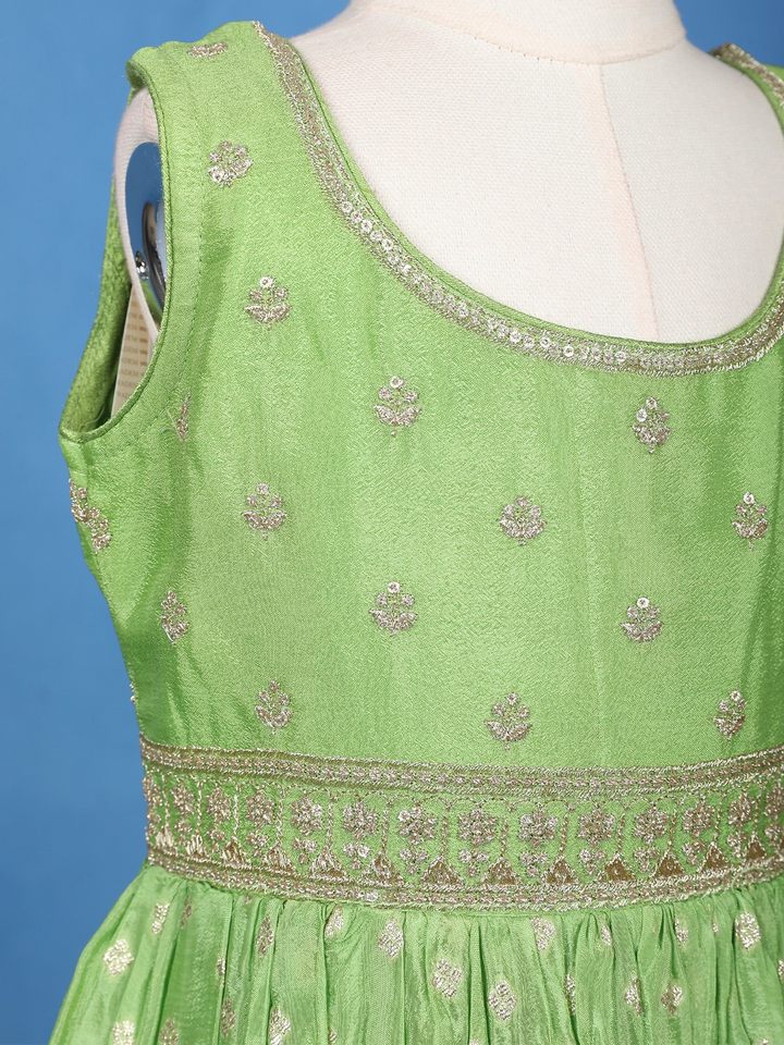 Green Floral Designed Sequins Work Banarasi Gown with Net Dupatta - Diadem