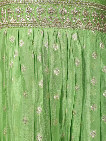 Green Floral Designed Sequins Work Banarasi Gown with Net Dupatta - Diadem
