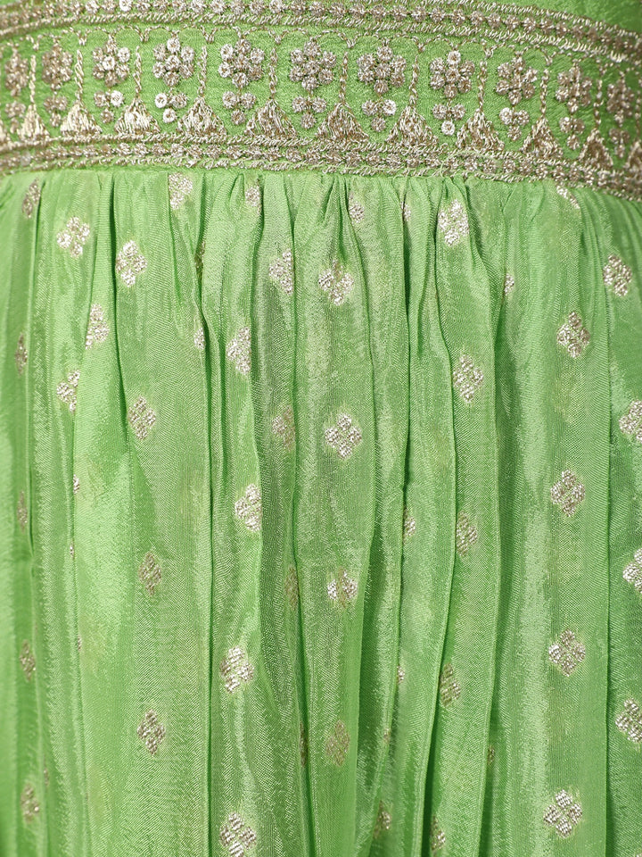 Green Floral Designed Sequins Work Banarasi Gown with Net Dupatta - Diadem