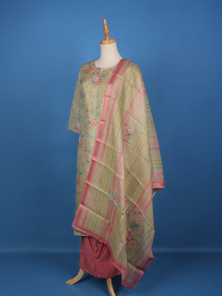 Green Floral Designed Tissue Silk Salwar Suit - Diadem