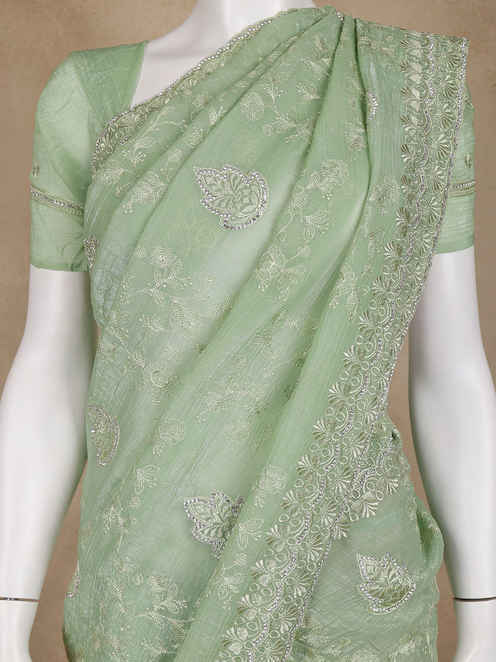 Green Floral Designed Organza Designer Saree - Diadem