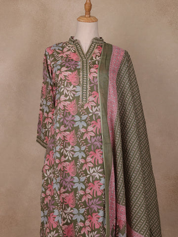 Green Floral Designed Cotton Salwar Suit - Diadem