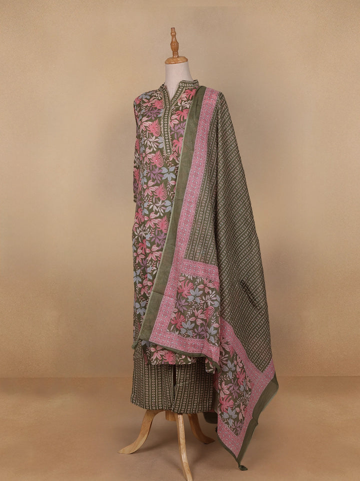 Green Floral Designed Cotton Salwar Suit - Diadem