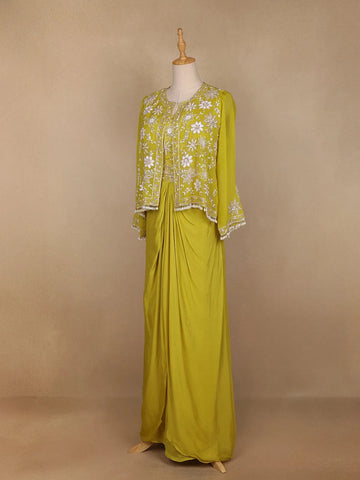 Green Floral Embroidered Crepe Bridesmaids Lehenga - Diadem