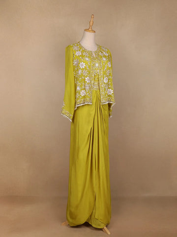 Green Floral Embroidered Crepe Bridesmaids Lehenga - Diadem