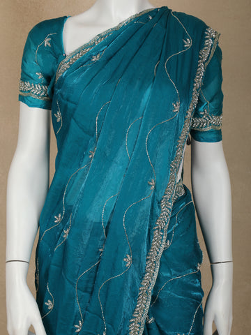 Green Floral Embroidered Organza Designer Saree - Diadem