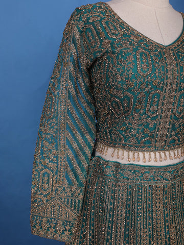 Green Floral Embroidery Bridal Net Lehenga - Diadem