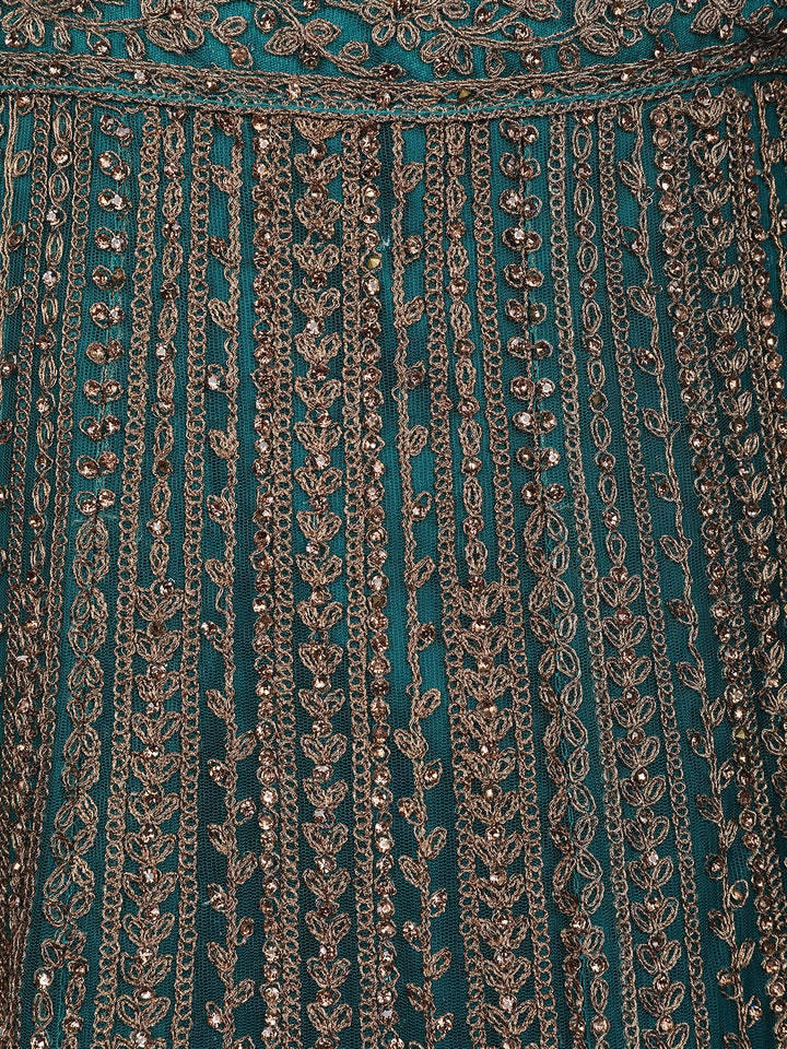 Green Floral Embroidery Bridal Net Lehenga - Diadem