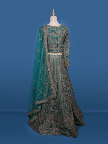 Green Floral Embroidery Bridal Net Lehenga - Diadem