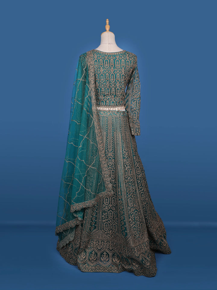 Green Floral Embroidery Bridal Net Lehenga - Diadem