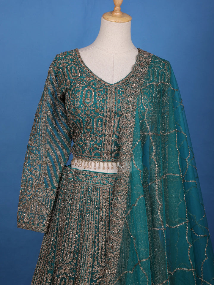 Green Floral Embroidery Bridal Net Lehenga - Diadem