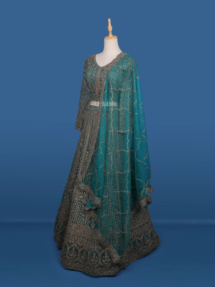 Green Floral Embroidery Bridal Net Lehenga - Diadem