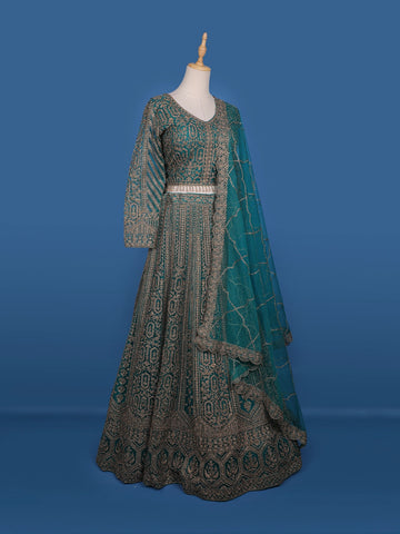 Green Floral Embroidery Bridal Net Lehenga - Diadem