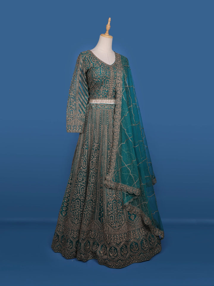 Green Floral Embroidery Bridal Net Lehenga - Diadem