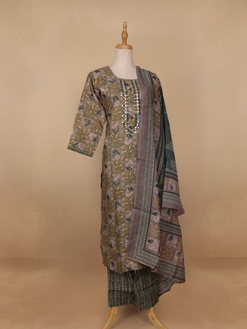 Green Floral Embroidery Semi Silk Salwar Suit - Diadem