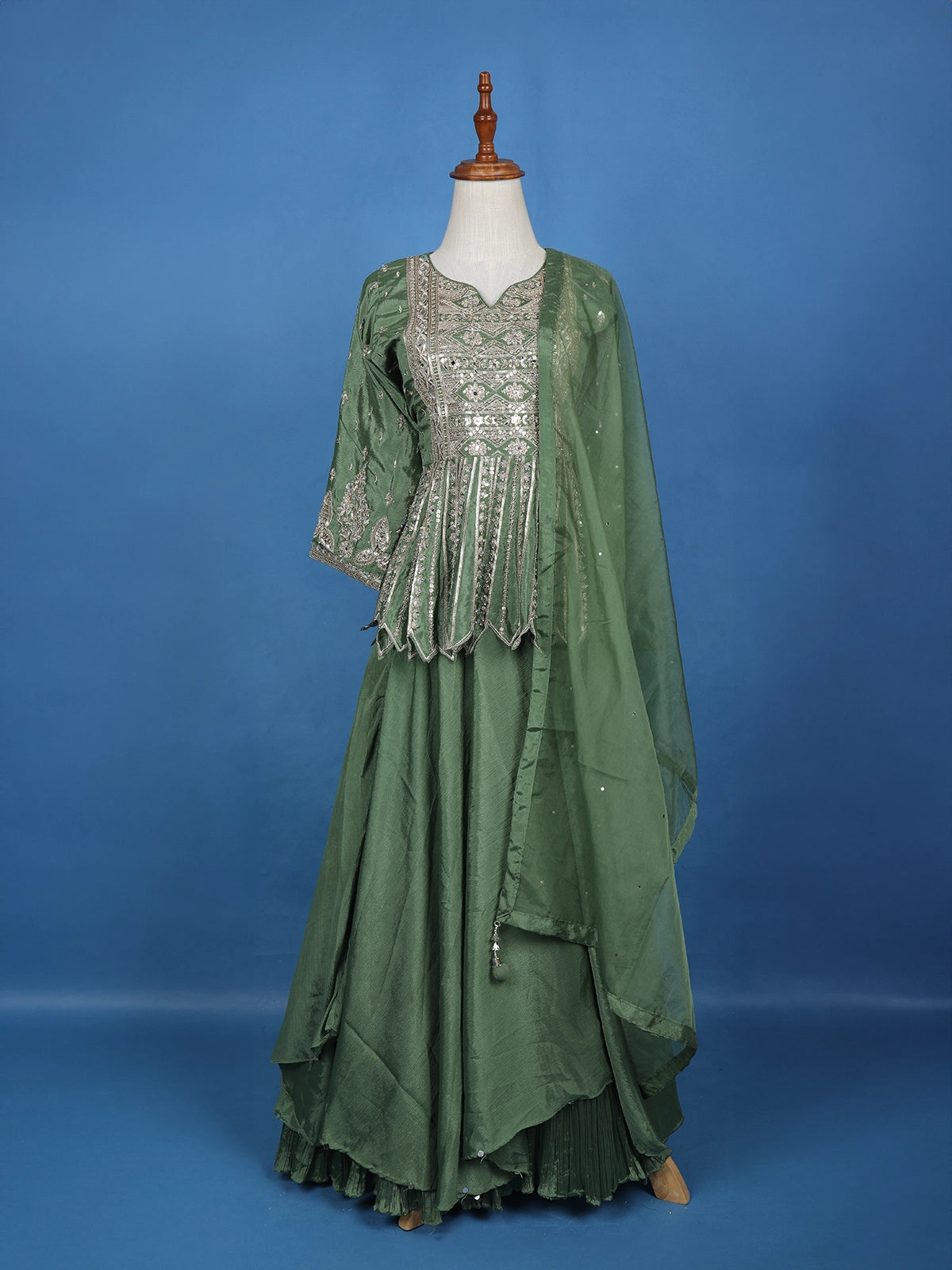 Green Floral Mirror Zari Embroidery Georgette Lehenga - Diadem