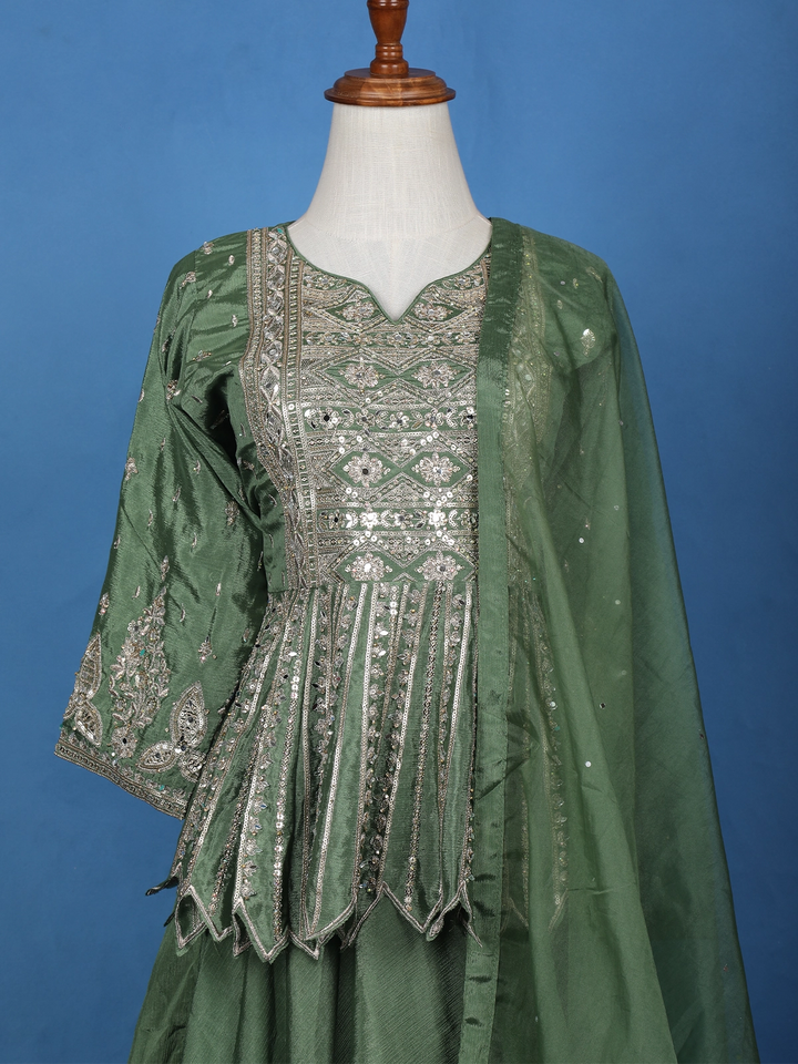 Green Floral Mirror Zari Embroidery Georgette Lehenga - Diadem