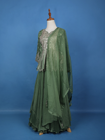 Green Floral Mirror Zari Embroidery Georgette Lehenga - Diadem