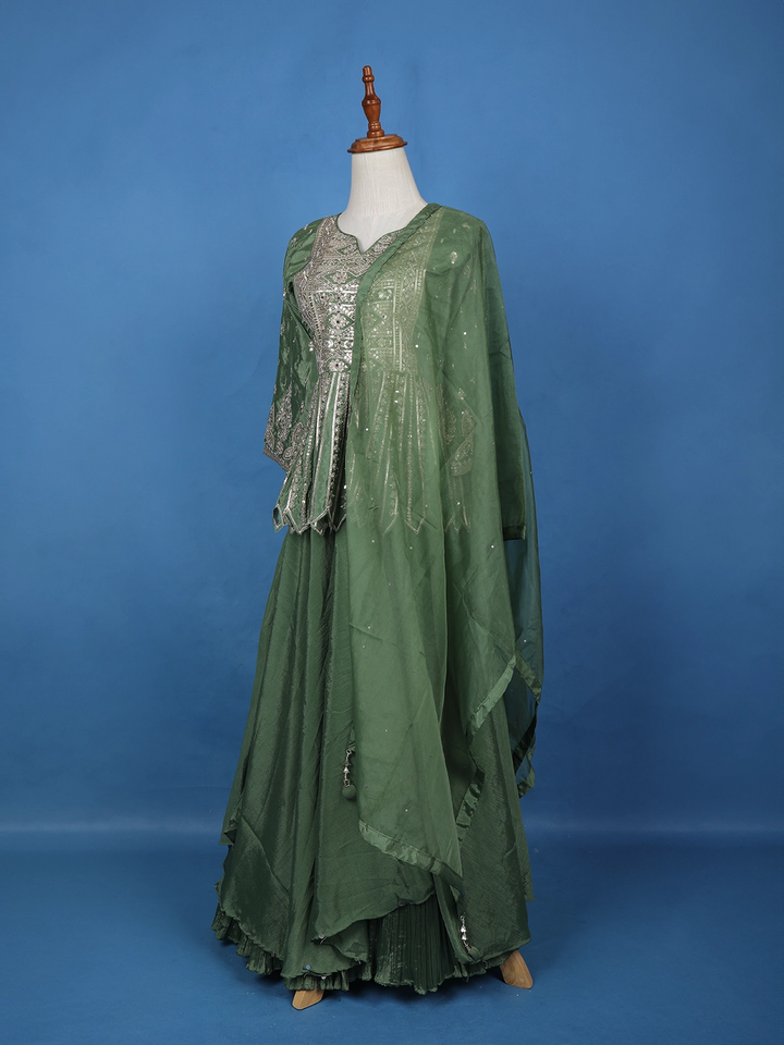 Green Floral Mirror Zari Embroidery Georgette Lehenga - Diadem