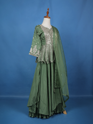 Green Floral Mirror Zari Embroidery Georgette Lehenga - Diadem