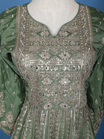 Green Floral Mirror Zari Embroidery Georgette Lehenga - Diadem