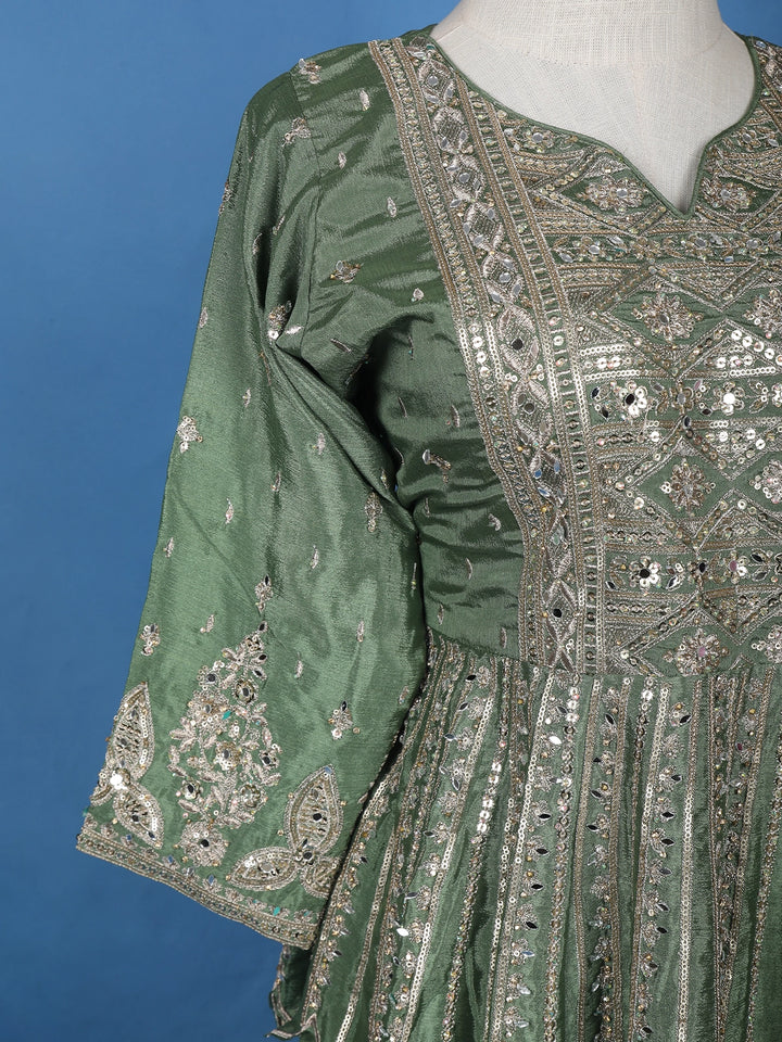 Green Floral Mirror Zari Embroidery Georgette Lehenga - Diadem