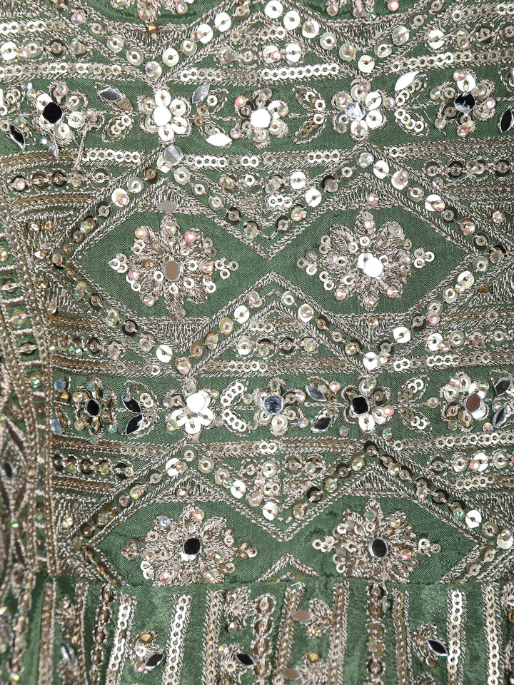 Green Floral Mirror Zari Embroidery Georgette Lehenga - Diadem