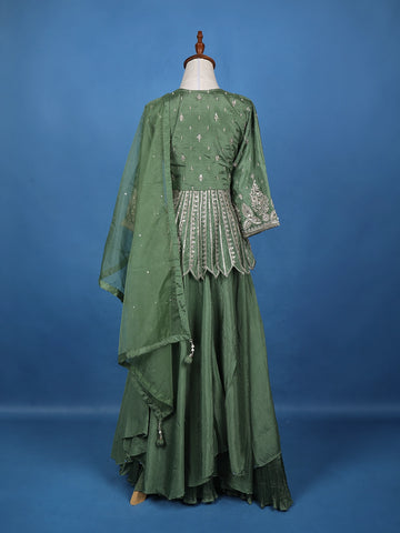 Green Floral Mirror Zari Embroidery Georgette Lehenga - Diadem