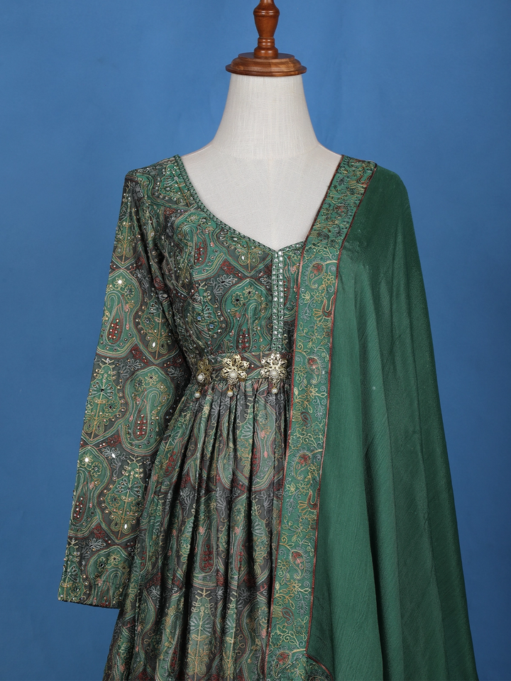 Green Floral Motif Bead Work Cotton Gown - Diadem