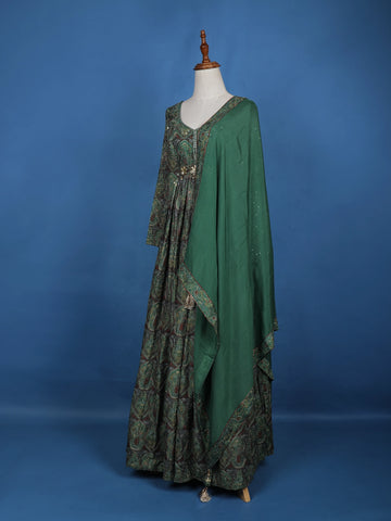 Green Floral Motif Bead Work Cotton Gown - Diadem