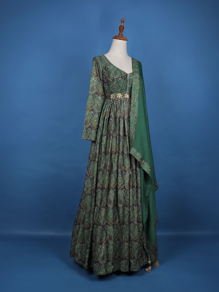 Green Floral Motif Bead Work Cotton Gown - Diadem