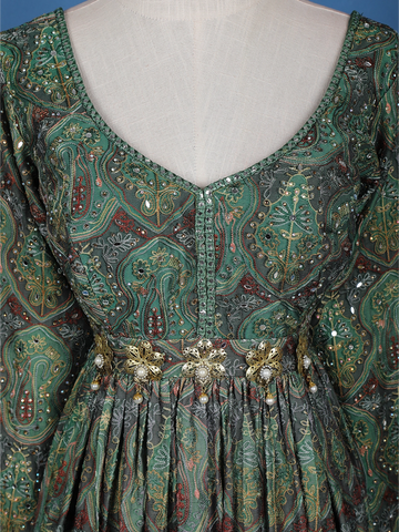 Green Floral Motif Bead Work Cotton Gown - Diadem