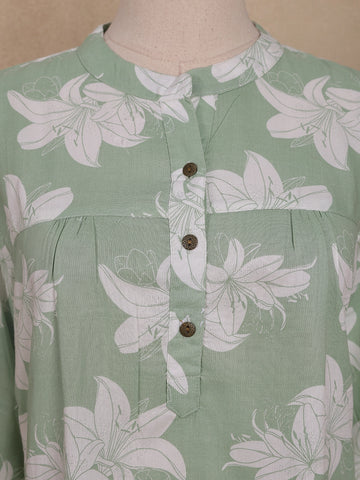 Green Floral Printed Cotton Kurti Top - Diadem