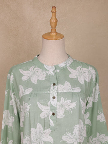 Green Floral Printed Cotton Kurti Top - Diadem