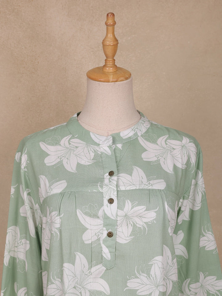 Green Floral Printed Cotton Kurti Top - Diadem