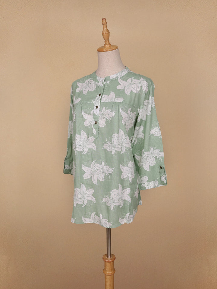 Green Floral Printed Cotton Kurti Top - Diadem