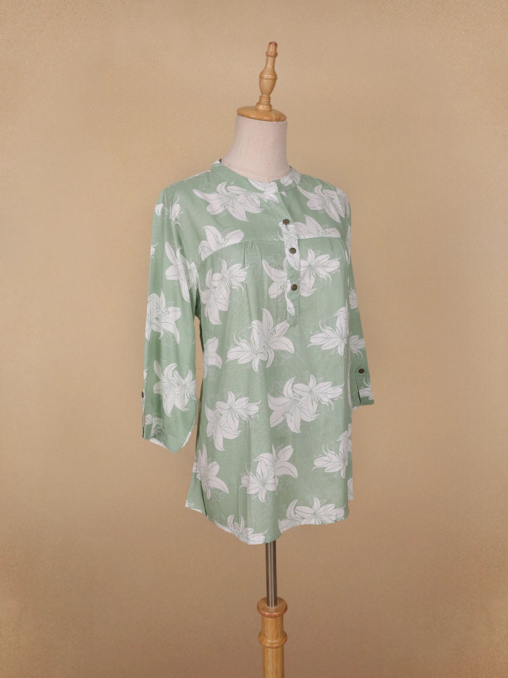 Green Floral Printed Cotton Kurti Top - Diadem