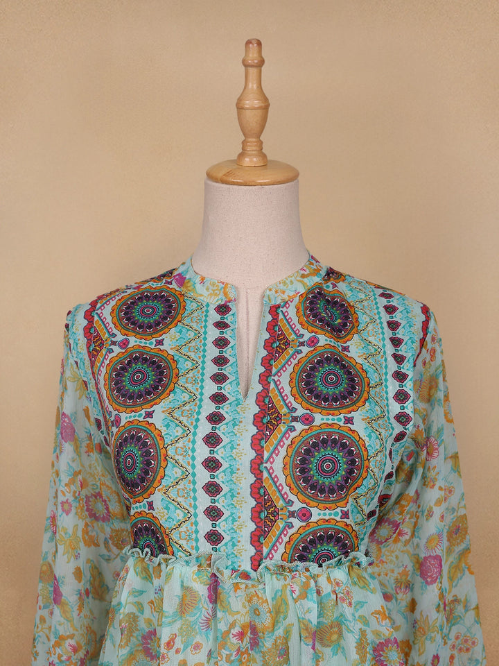 Green Floral Printed Cotton Kurti Top - Diadem