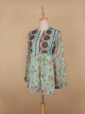 Green Floral Printed Cotton Kurti Top - Diadem