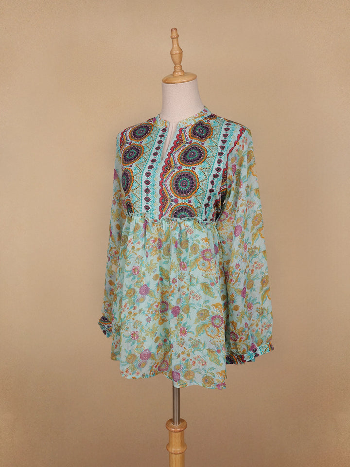 Green Floral Printed Cotton Kurti Top - Diadem