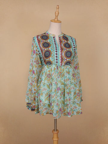 Green Floral Printed Cotton Kurti Top - Diadem