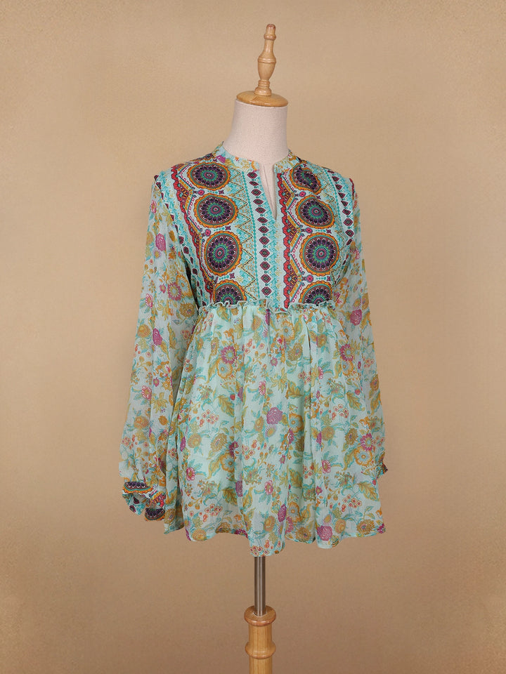 Green Floral Printed Cotton Kurti Top - Diadem