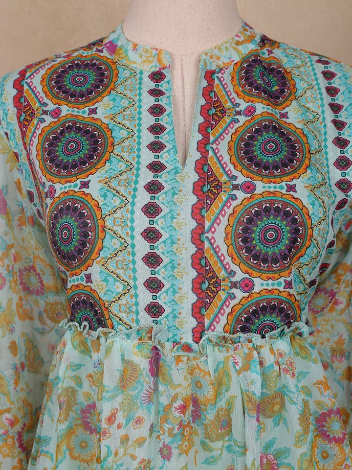 Green Floral Printed Cotton Kurti Top - Diadem