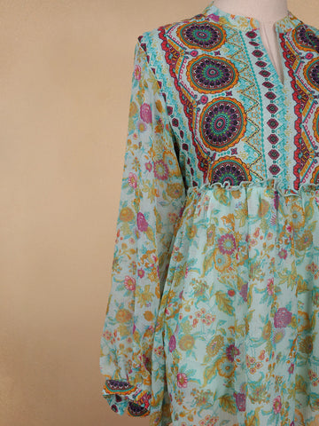 Green Floral Printed Cotton Kurti Top - Diadem