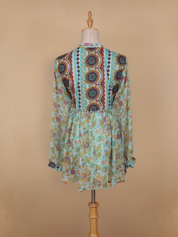 Green Floral Printed Cotton Kurti Top - Diadem