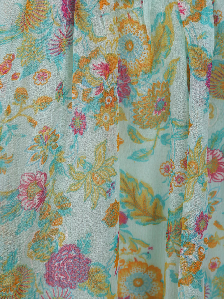 Green Floral Printed Cotton Kurti Top - Diadem