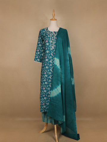 Green Floral Printed Cotton Salwar Suit - Diadem