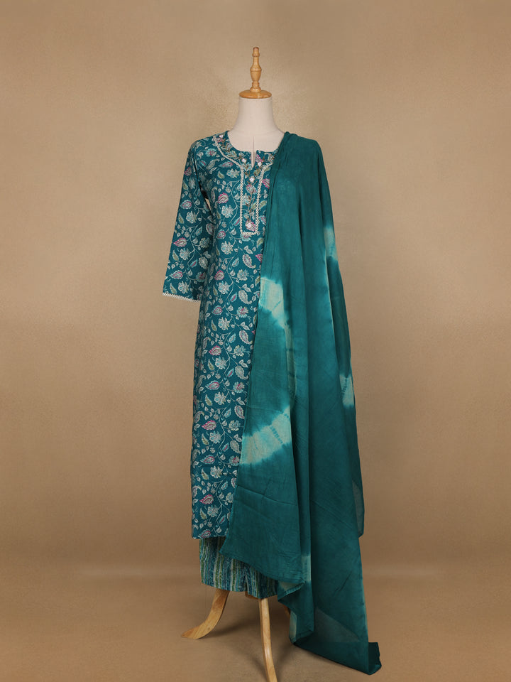 Green Floral Printed Cotton Salwar Suit - Diadem